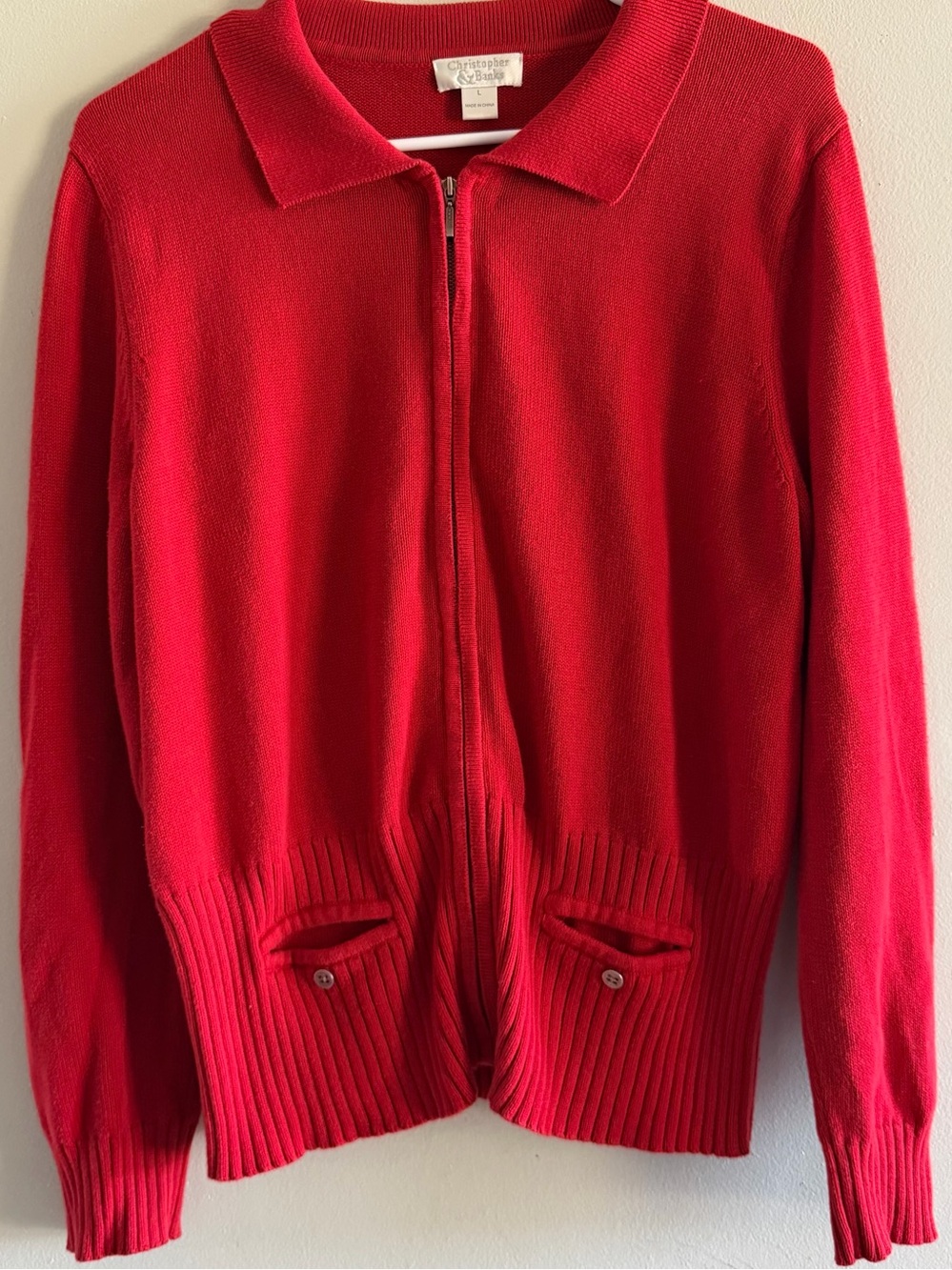 Christopher & Banks Red Zip-Front Collared Cardigan